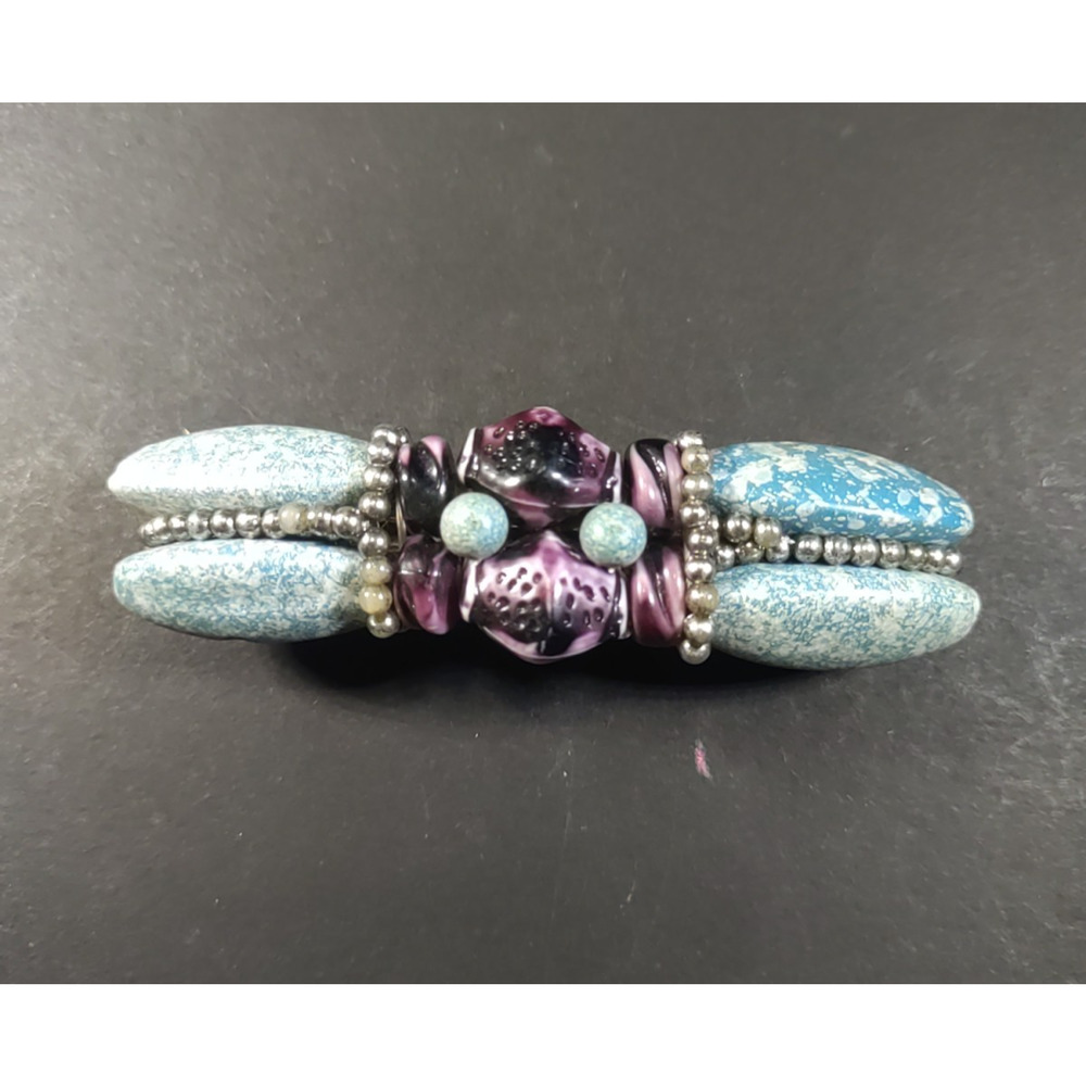 Hair Barrette Hand Made Blue Purple Stone? Silver Beading Tension Clip